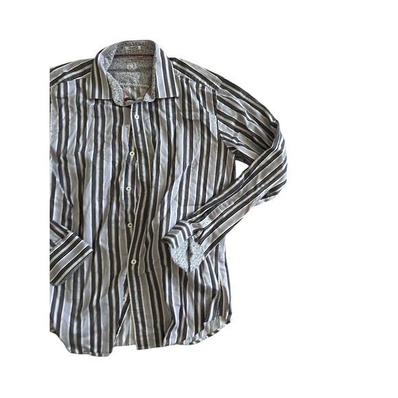 BUGATCHI Black White Striped Button Down Shirt Size Medium - Picture 4 of 6